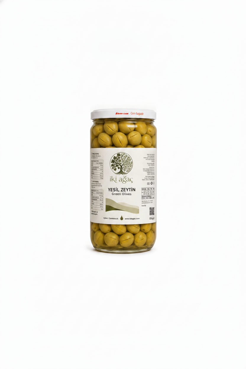 İki Ağaç Yeşil Zeytin (Memecik çizik zeytin) 650 g