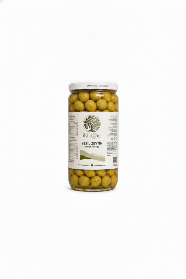İki Ağaç Yeşil Zeytin (Memecik çizik zeytin) 650 g